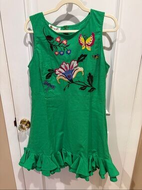 Fanm Mon Flirt Green Embroidered Floral Butterfly Ruffle Hem Dress